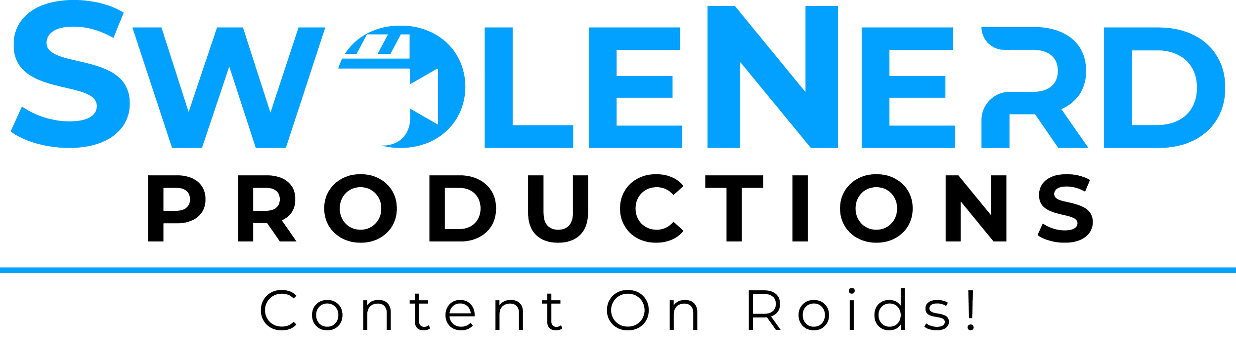 Swolenerd Productions logo in blue with film camera icon on black background