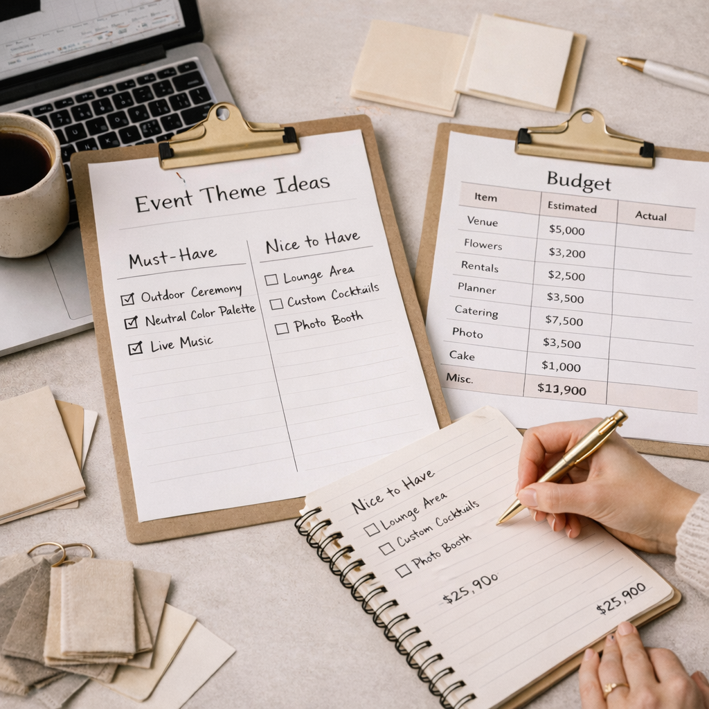 A workspace with a laptop, a coffee cup, and various papers and clipboards displaying event planning notes and budget estimates, along with fabric swatches and a person's hand writing on a notepad.