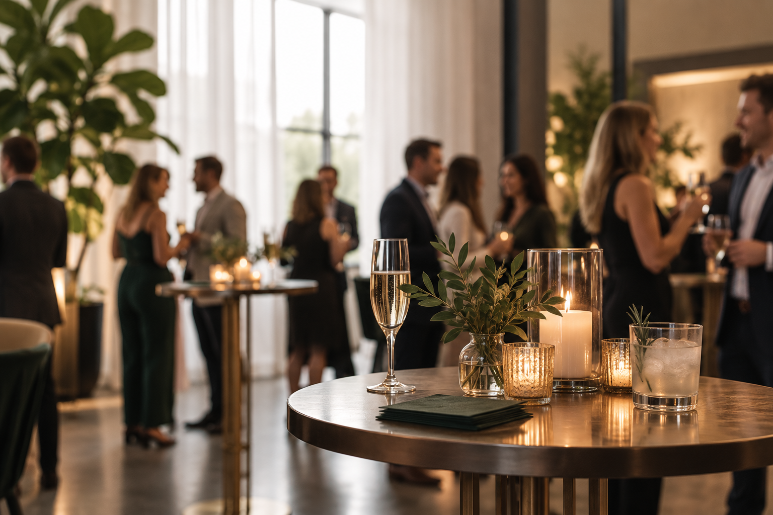 A group celebrating the intimate event with candles and cocktail tables.