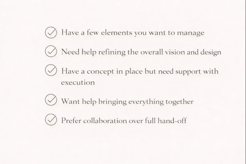 A list of five items, each with a checkmark, including managing elements, refining vision and design, supporting concept execution, bringing everything together, and preferring collaboration.