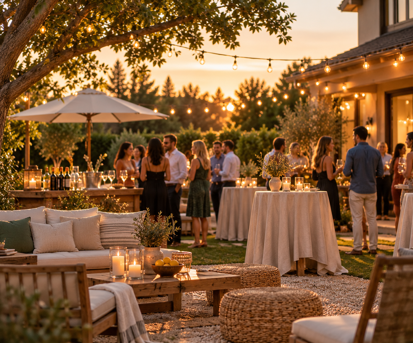 A relaxed backyard celebration featuring warm string lighting, casual lounge seating, cocktail tables, and guests enjoying an intimate gathering.