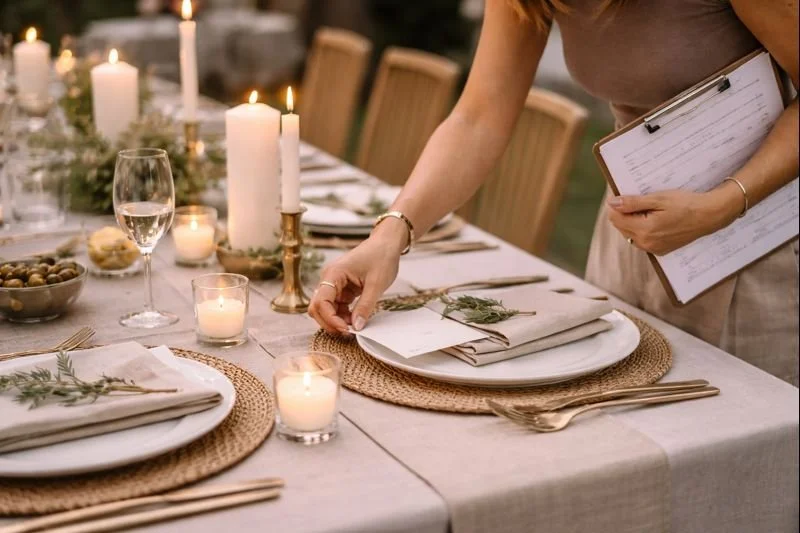 A woman preparing a beautifully set dinner table with candles, plates, and utensils for a formal event or celebration.