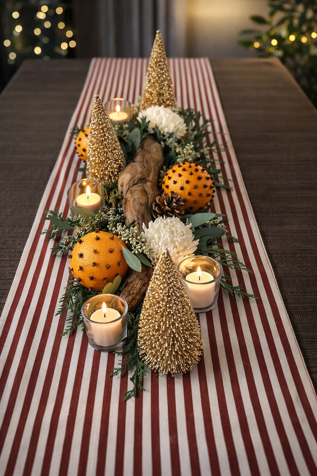 Christmas table centerpiece with gold cone-shaped trees, white flowers, orange decorative balls, candles in glass holders, and greenery on a red and white striped table runner.