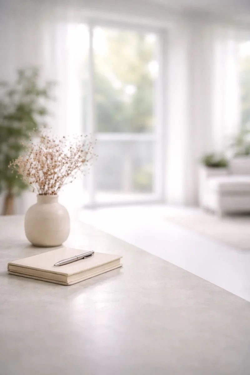 A beige vase with pink dried flowers on a light-colored table, next to a closed notebook and pen, in a bright room with large windows.