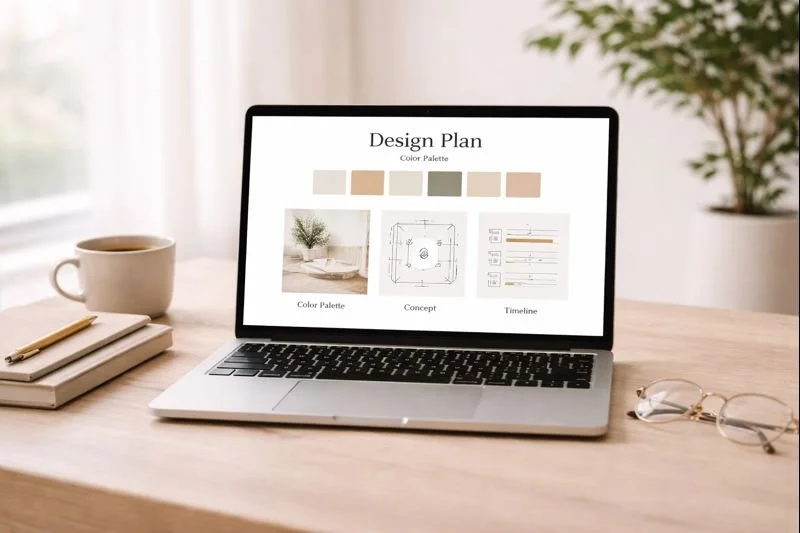 Open laptop displaying a design plan with color palette, concept, and timeline on a wooden desk. Next to the laptop are a cup of coffee, a stack of notebooks with a pen, and a pair of glasses. In the background, there is a window and a potted plant.