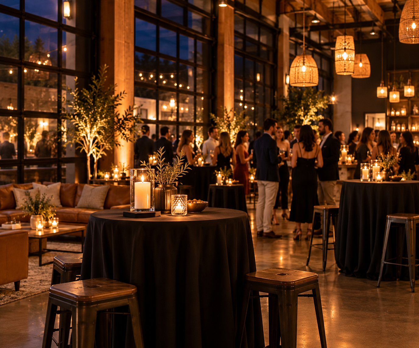 An intimate evening celebration with guests mingling in a modern industrial-style venue, featuring warm lighting, cocktail tables, and comfortable lounge seating.