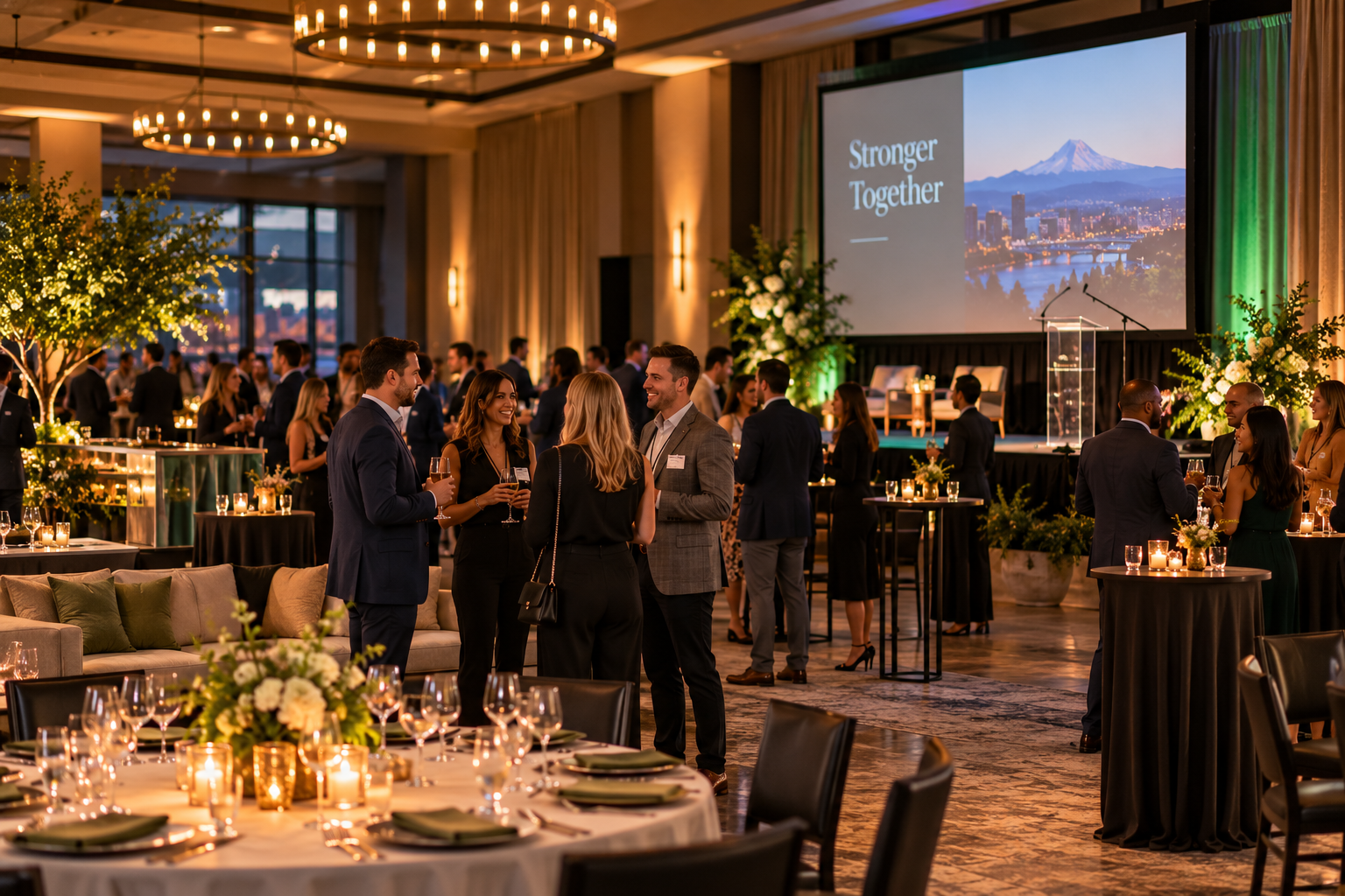 Professionals mingle at an indoor corporate celebration in a modern banquet hall featuring cocktail tables, lounge seating, and a stage with a podium and presentation screen.