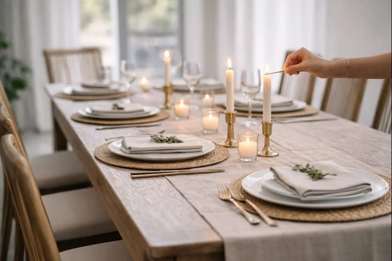 A dining table set for a special meal with candles and elegant tableware in a bright room.