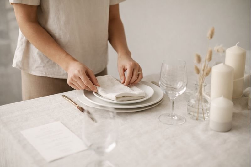 A person setting a dining table with white plates, a cloth napkin, a wine glass, and a knife. Candles and dried flowers decorate the table.