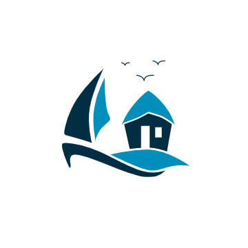 A stylized logo featuring a sailboat, a house, and three birds flying in the sky.