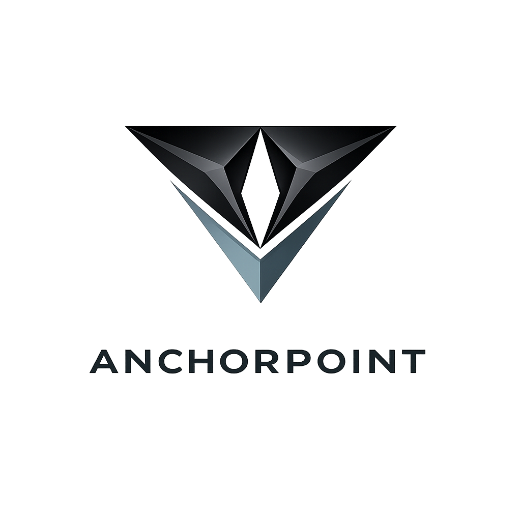 Logo with a stylized black and gray geometric diamond shape above the word "ANCHORPOINT" in black capital letters.