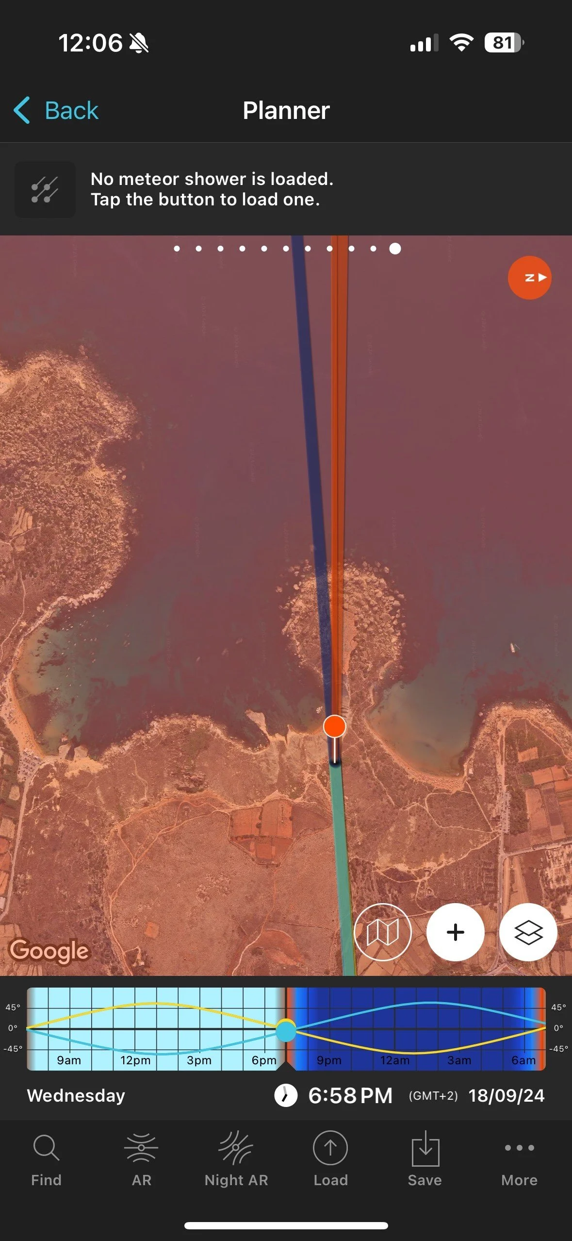 Mobile app screenshot showing a satellite map with a planner route marked in green, top bar indicates no meteor shower loaded, current time is 6:58 PM, date 18/09/24, with a graph at the bottom displaying sun position and twilight times for the day.