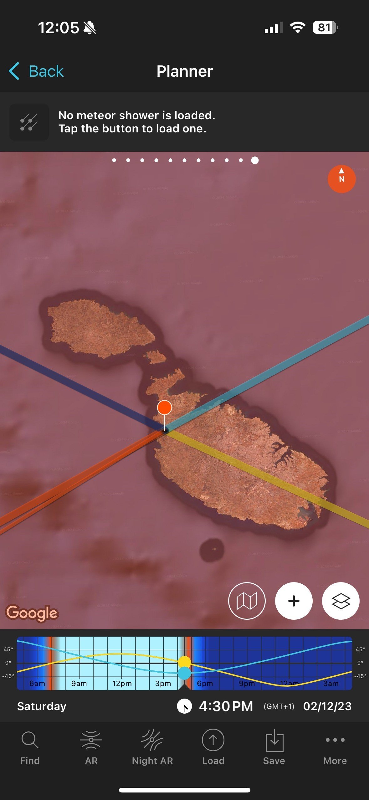 Satellite map of an island showing astronomical data, with lines indicating sun and moon paths, and a graph at the bottom displaying sun and moon elevation over time.