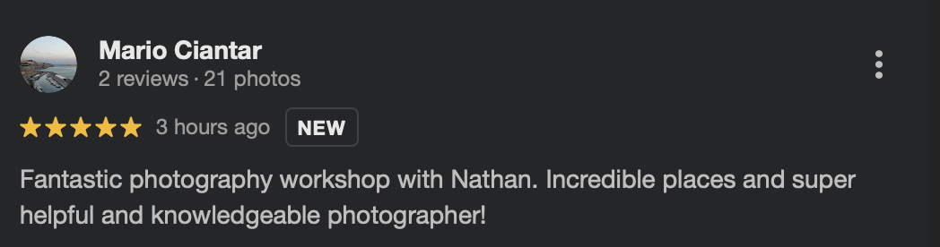 Screenshot of a five-star review for a photography workshop, showing the reviewer’s name Mario Ciantar, 2 reviews, 21 photos, and the comment praising Nathan for an incredible experience.
