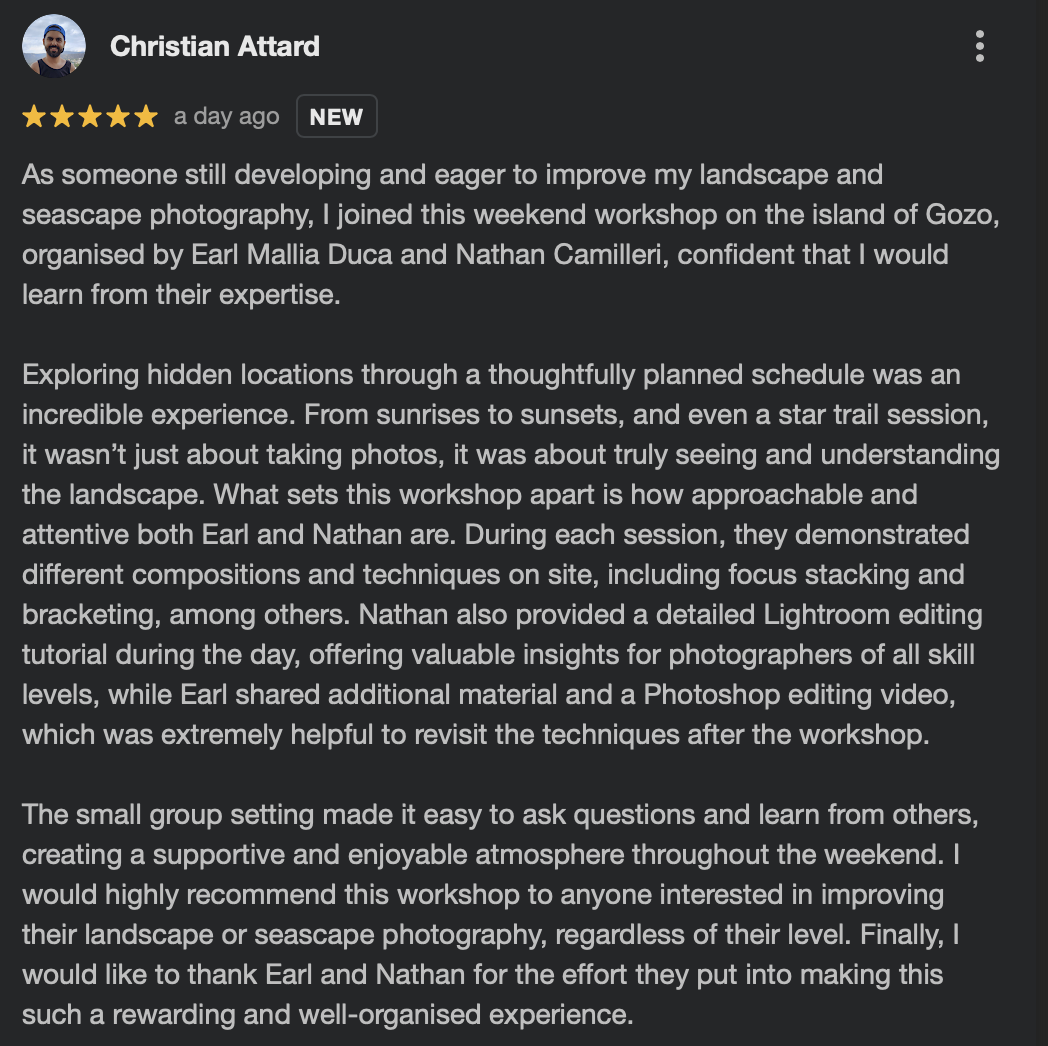 Screenshot of a positive five-star review by Christian Attard about a landscape and seascape photography workshop on the island of Gozo. The review highlights the workshop's experienced organizers, Earl Mallia Duca and Nathan Camilleri, and notes the focus on understanding the landscape through various techniques, Lightroom editing, and enjoyable small group interaction.