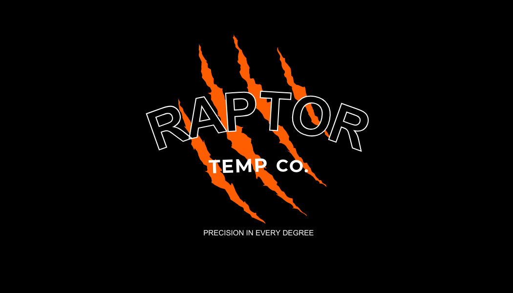 Raptor Temp Co logo with three orange claw marks and the tagline "Precision in Every Degree" on a black background.