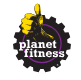 Planet Fitness logo with purple and yellow colors, featuring a cartoon character lifting weights inside a gear-shaped outline.