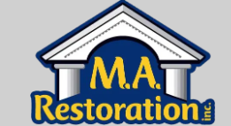 Logo for M.A. Restoration, featuring a house with a gabled roof, columns, and the company name in yellow and blue.