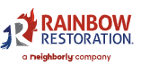 Rainbow Restoration logo featuring a rainbow-colored letter R and the text 'Rainbow Restoration, a neighborly company'.
