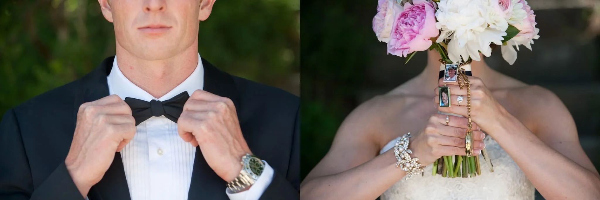 Split image showing a man in a tuxedo on the left adjusting his bow tie, and a woman in a wedding dress holding a bouquet of pink and white flowers with jewelry and small framed photos attached on the right.