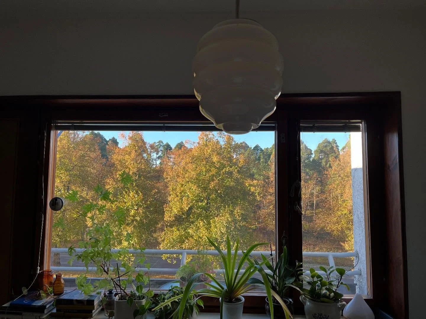 Idmanin Beehive-valaisin 30-luvulta ihastutti Aalto-kotien aikana useita vieraita. Aina P&auml;iv&ouml;l&auml;n kaksion molemmissa huoneissa her&auml;tt&auml;&auml; ihastusta kauniit ikkunan&auml;kym&auml;t, kuten nytkin auringon valossa hehkuva kaun