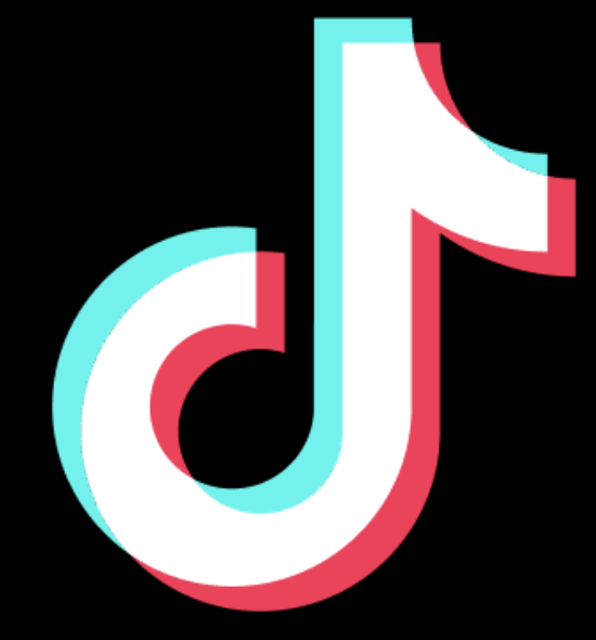 TikTok logo with white, pink, and blue colors on a black background.