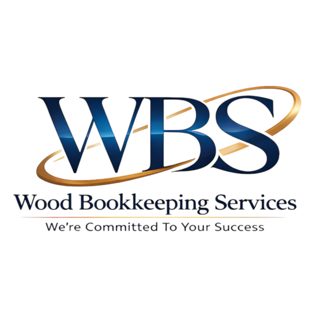 Logo for WBS Wood Bookkeeping Services, featuring large blue letters spelling 'WBS' with an orange swoosh around it and the company name below in smaller text.