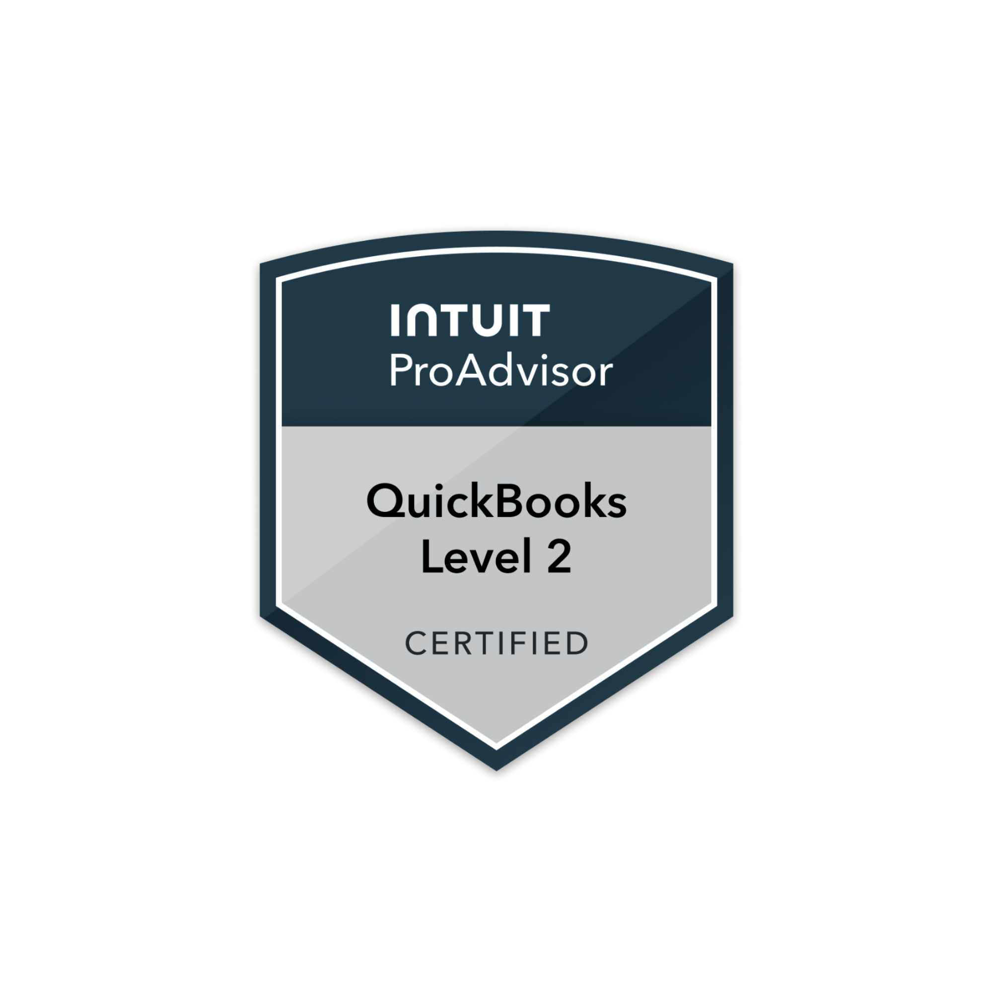 A badge with a navy blue shield shape that reads 'Intuit ProAdvisor QuickBooks Level 2 Certified.'