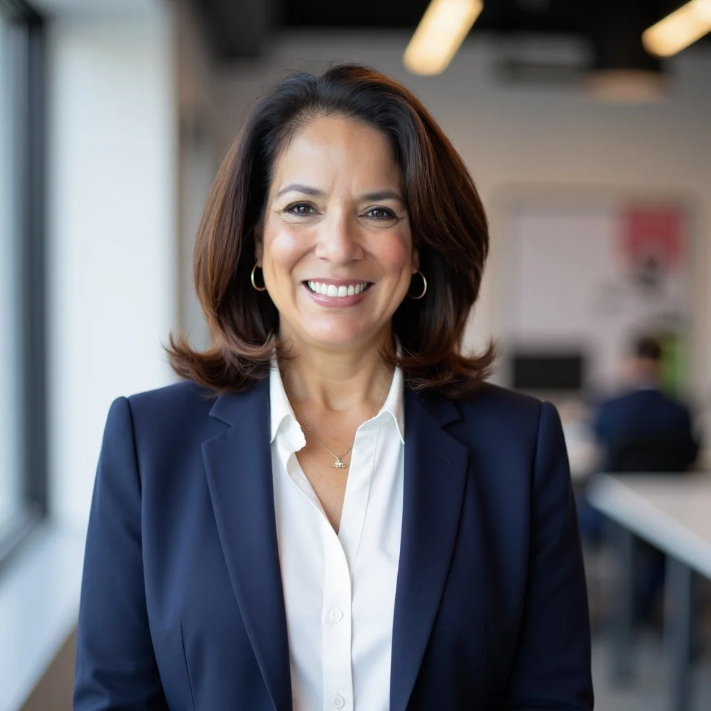Smiling woman in a navy blazer and white blouse in an office setting.