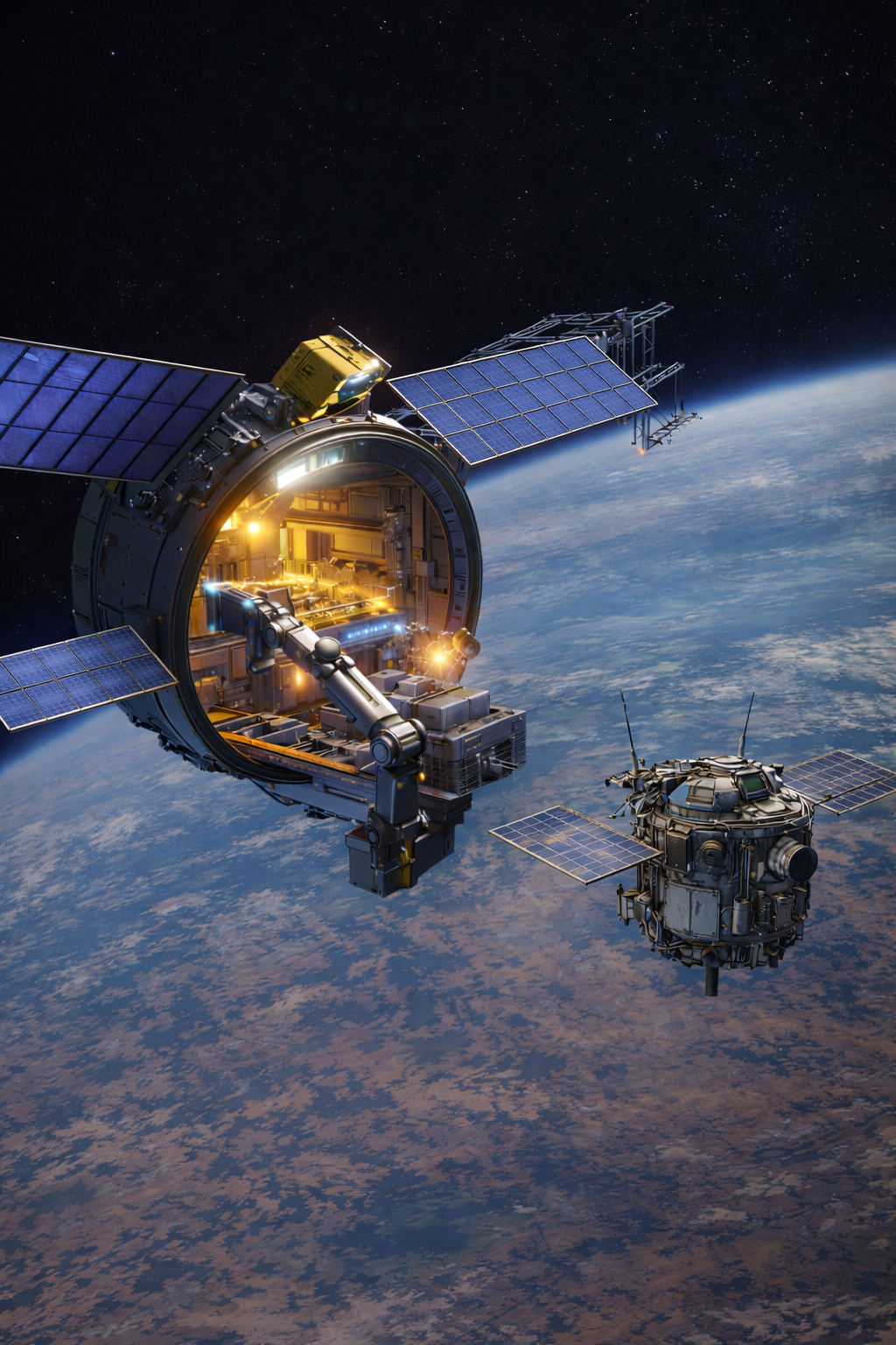 Two satellites orbiting Earth with visible land and cloud cover, one with large solar panels and an open section showing interior mechanisms, and the other smaller with solar panels.