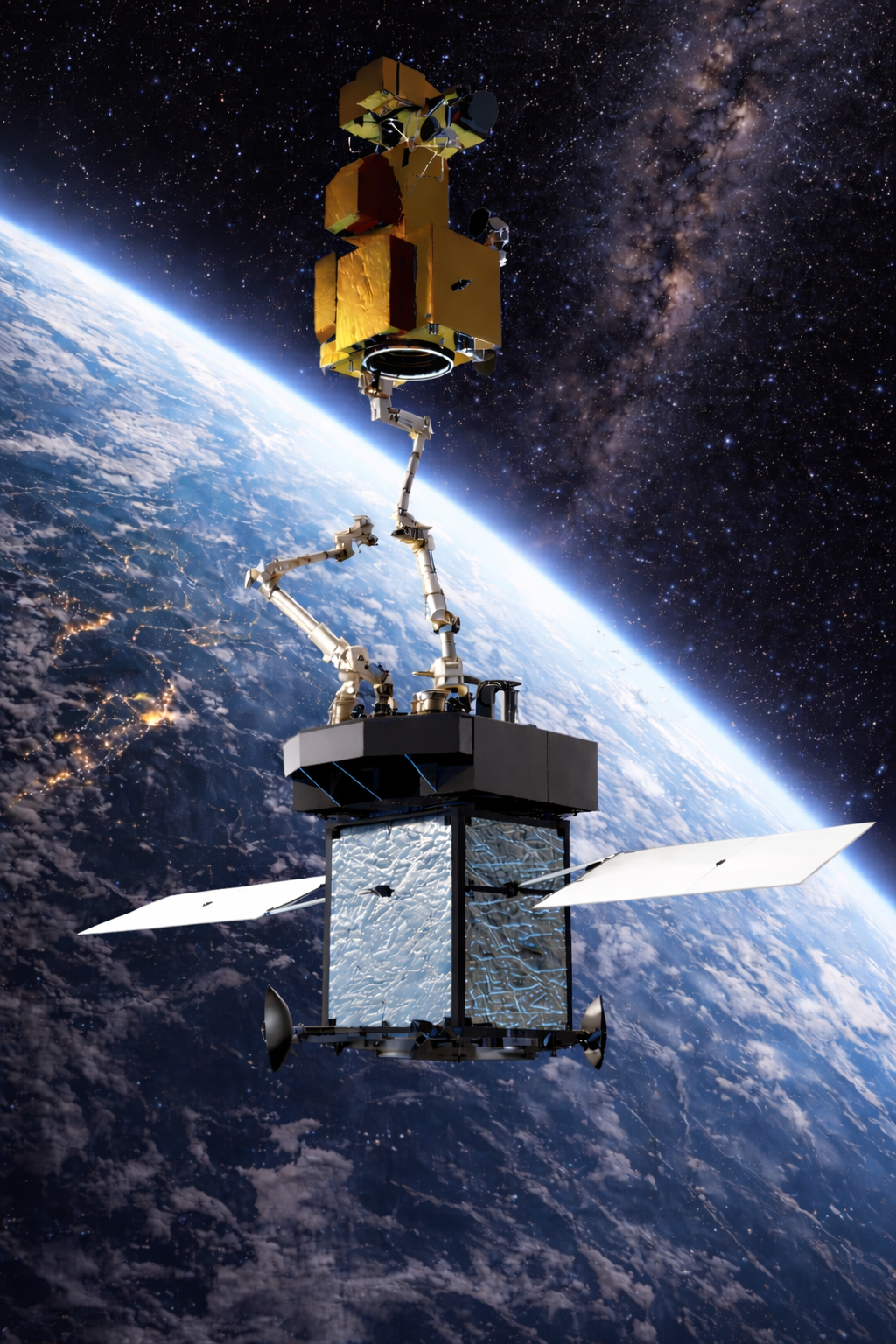 Dual-arm robotic OSAM spacecraft servicing another satellite in low Earth orbit above Earth.