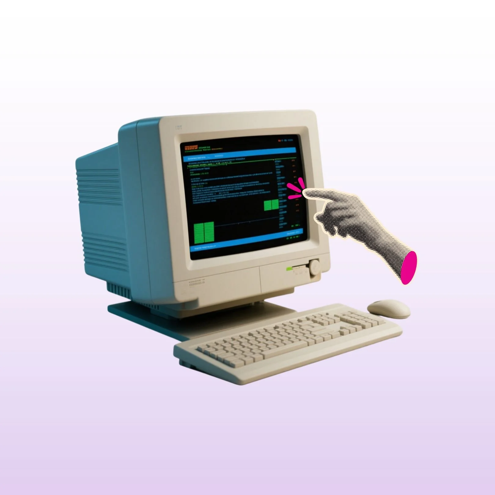 Vintage computer monitor with a keyboard and mouse, a pixelated hand pointing at the screen, which displays a coding interface.
