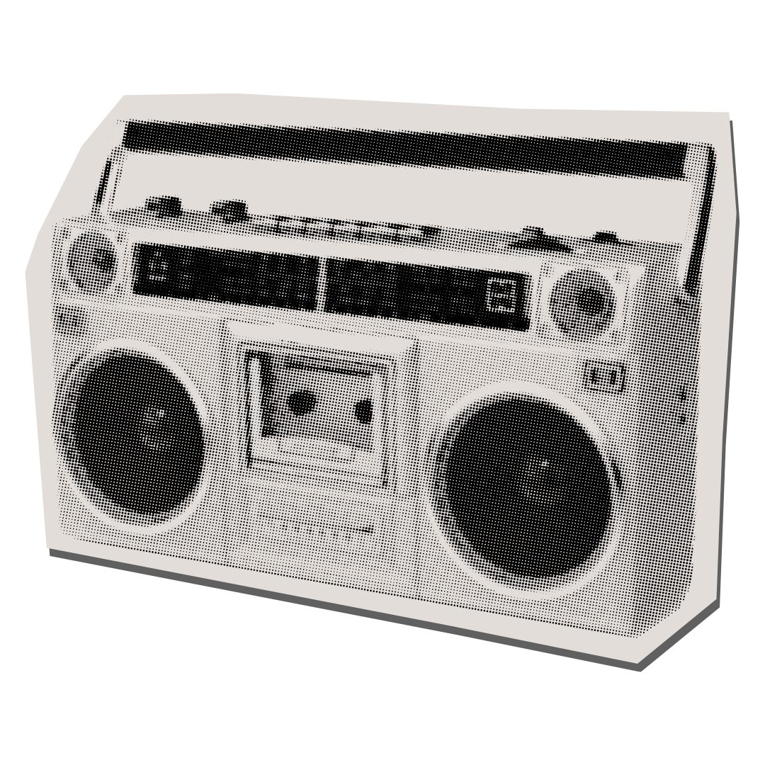 A black and white illustration of a portable radio with speakers, buttons, and a cassette tape deck.