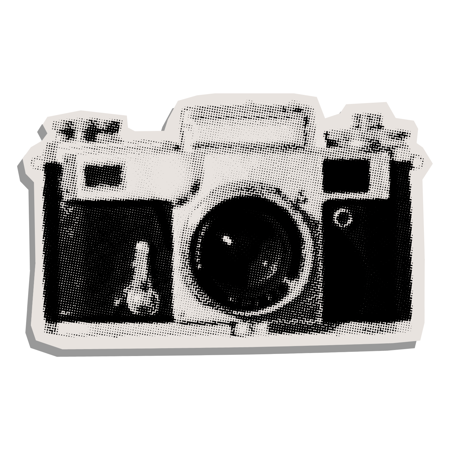 Black and white pixelated image of a vintage camera against a black background.