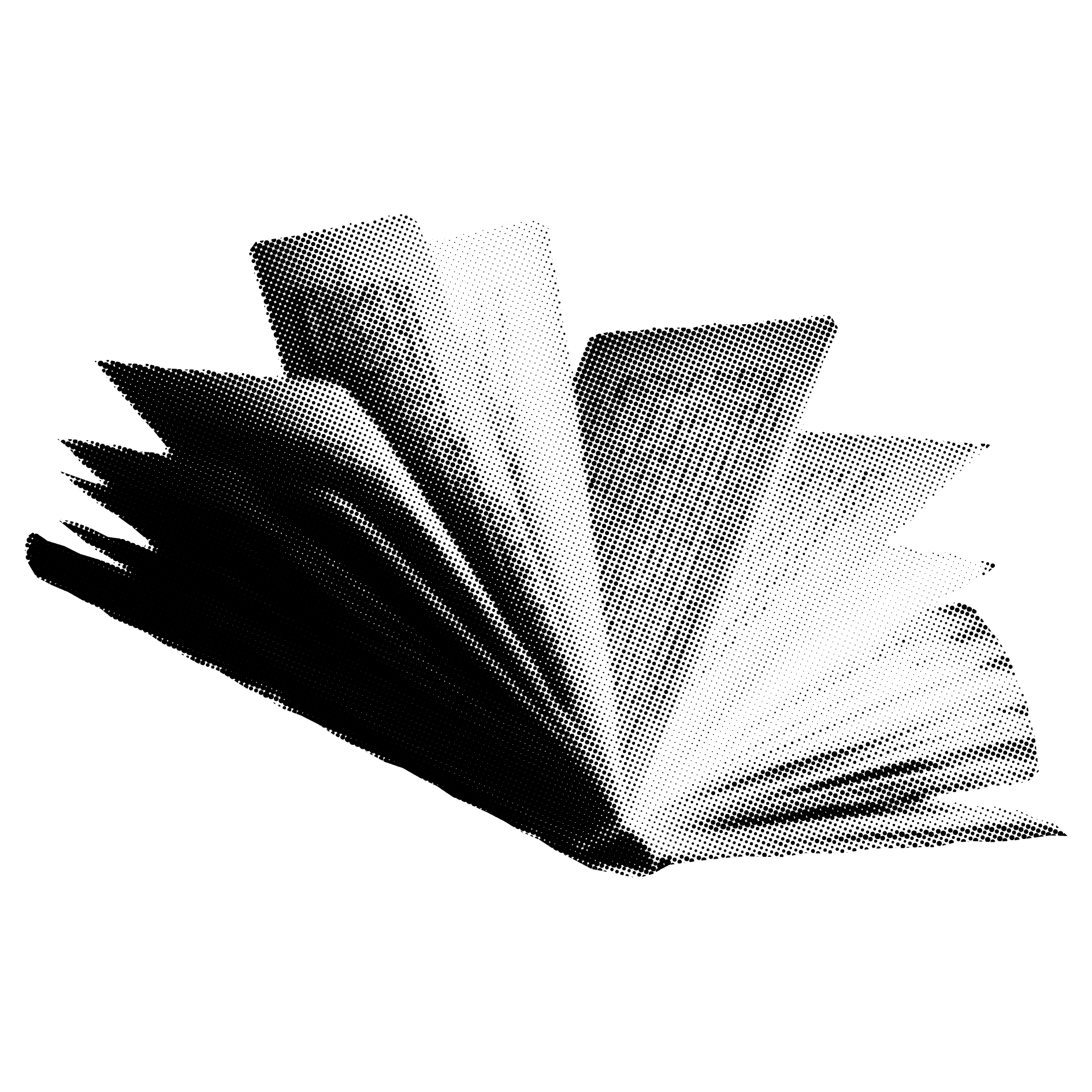 Black-and-white halftone image of an open book on a black background.