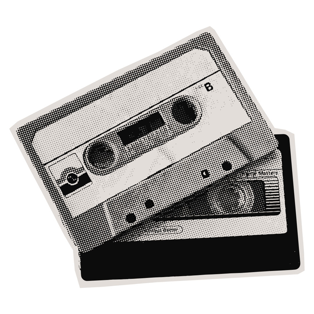 A black and white, halftone-style illustration of a cassette tape on top of a cassette player.