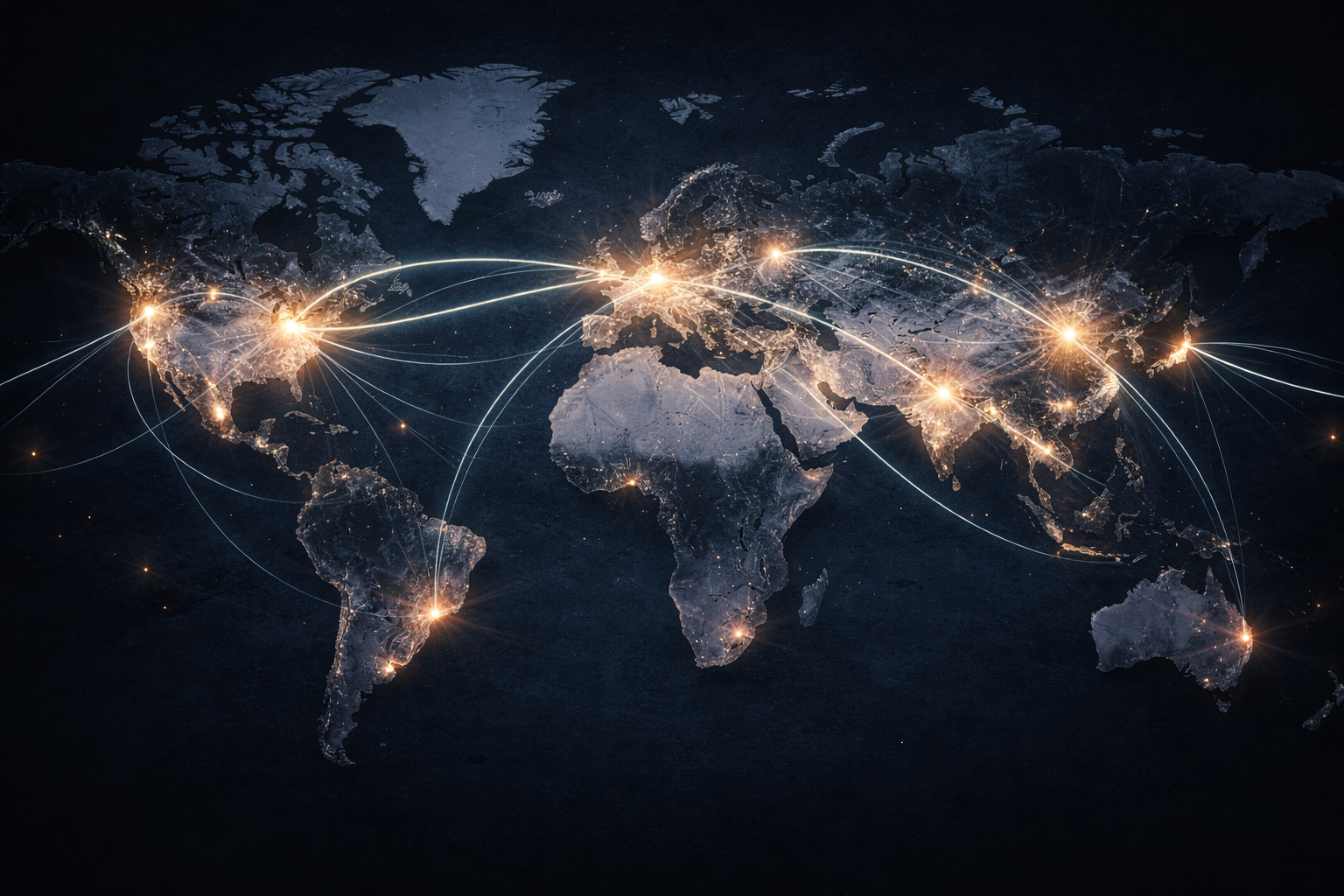 A digital map of the world at night showing illuminated continents and interconnected glowing lines representing global communication and data exchange.