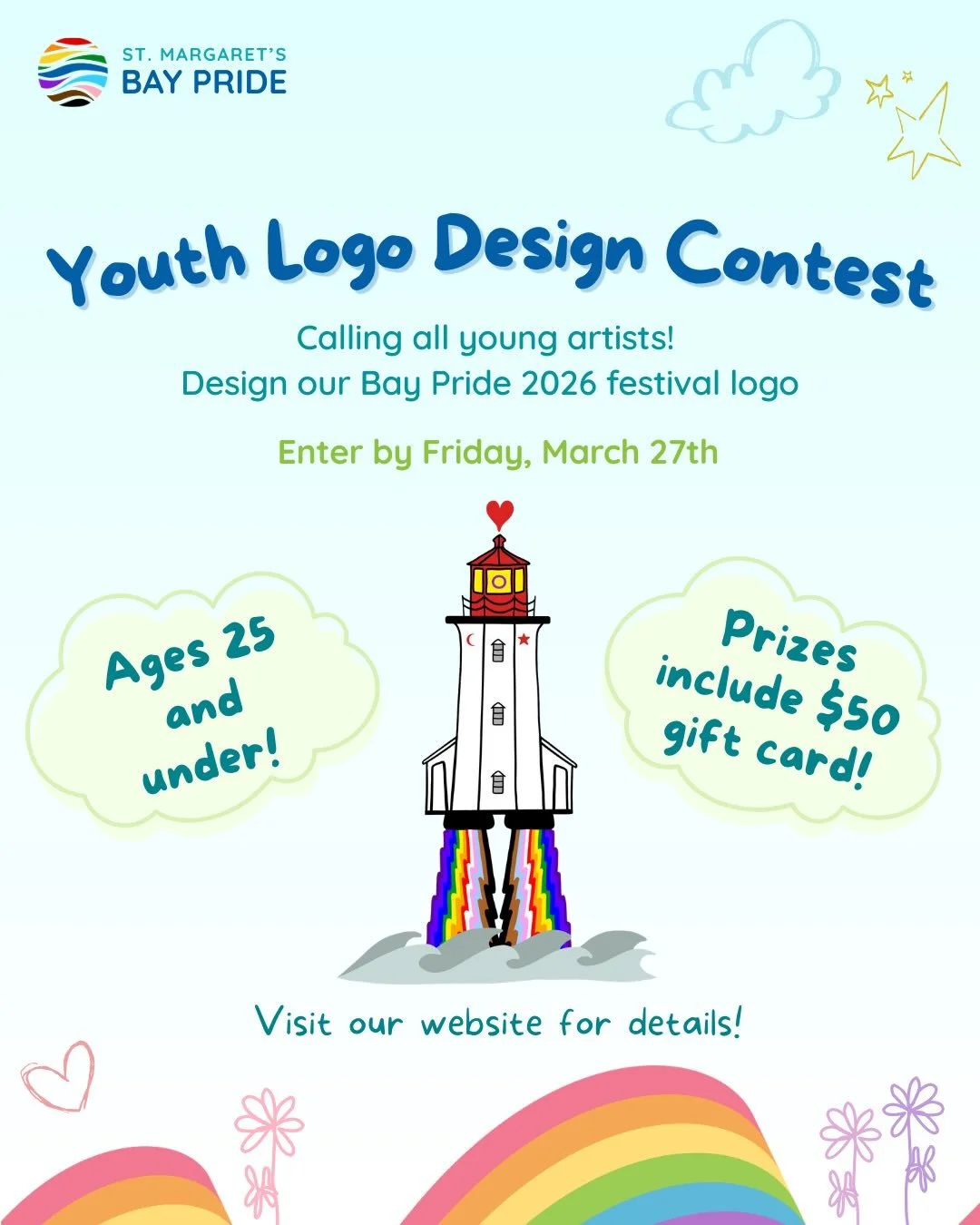🎨 Calling youth artists in Nova Scotia! 🎨 Want to design the official logo for Bay Pride 2026?!

We&rsquo;re inviting artists ages 25 and under to create the logo that will represent the 2026 Bay Pride Festival (July 5&ndash;26, 2026) across our we