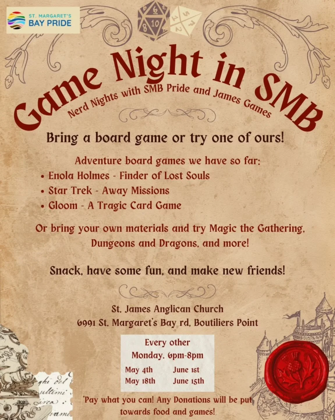 🐲 Join us once again on Monday night for Dungeons and Dragons at St. James! Our first table is full but we still have plenty of room for any other groups who need a space to play, or anyone who wants to try out some more nerdy games!
.
Compeltely fr