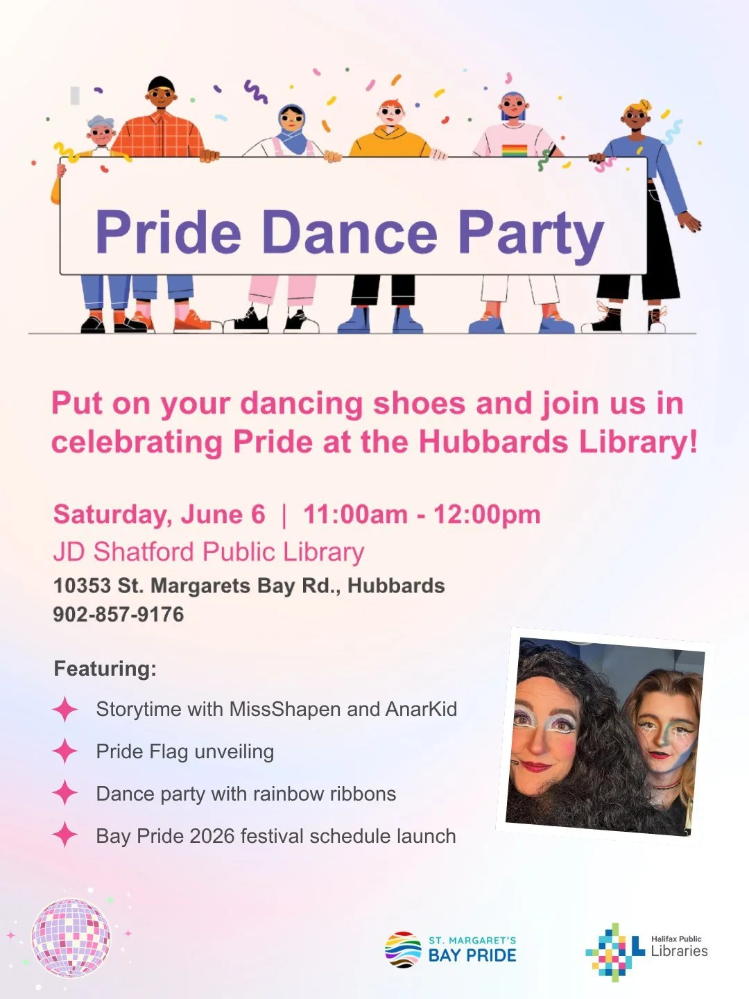 🏳️&zwj;🌈 We will be LAUNCHING the Bay Pride 2026 Festival Schedule at the Pride Dance Party at J.D. Shatford library on June 6th 11-12pm!! You are not going to want to miss this. @hfxpublib @jdslibraryfriends 
 
🗓️ Sat. June 6th, 11-12pm
📍 J. D. 