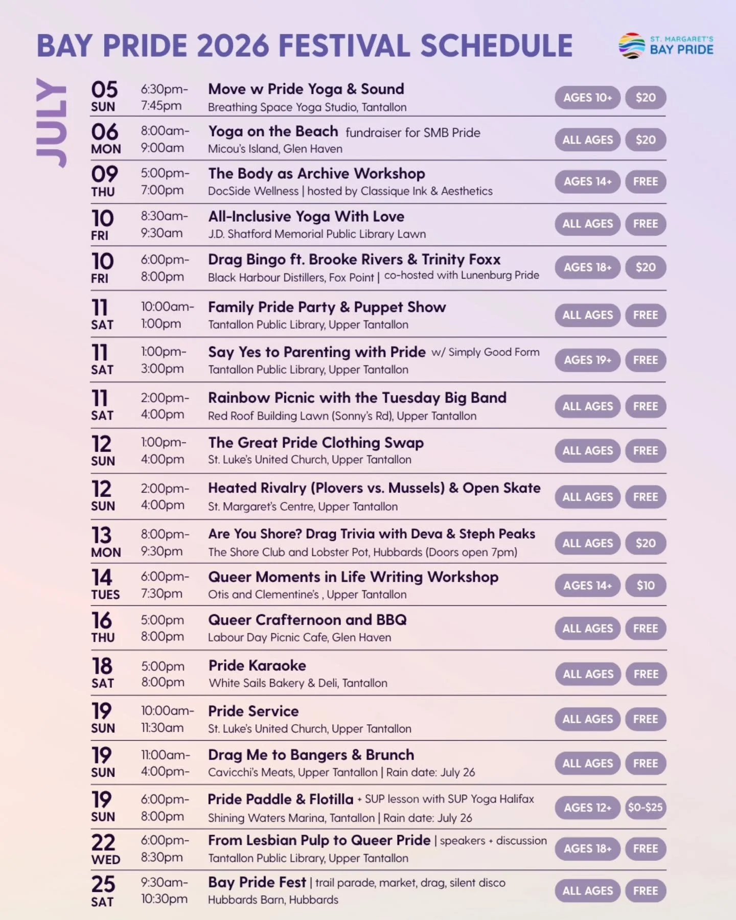 🌈 The Bay Pride 2026 Festival Schedule is here!🎉

Whether your thing is fashion, dancing, or just having a picnic with your community, there are plenty of events you won&rsquo;t want to miss! 🎊

Join us for any of the 18+ events over three weeks. 
