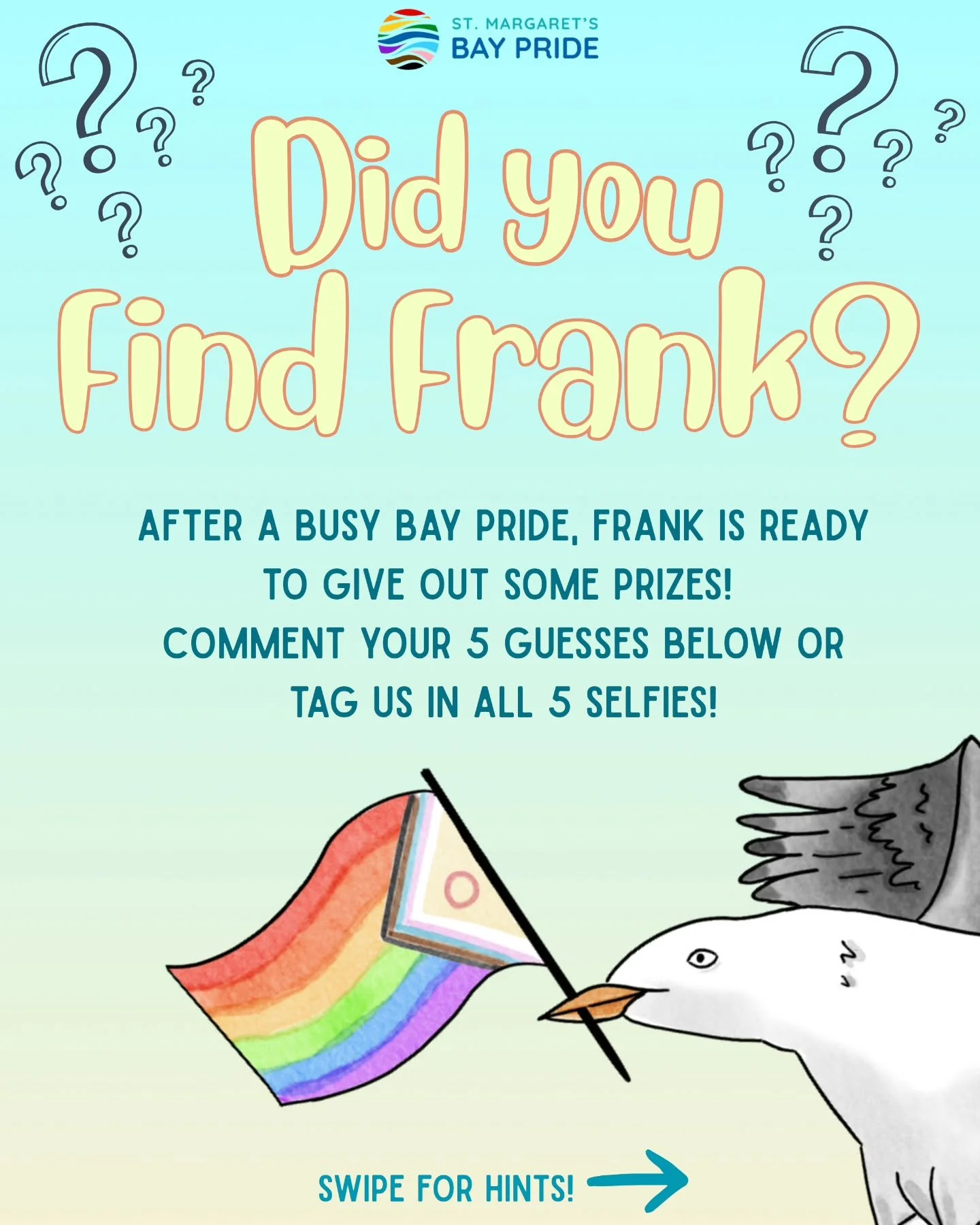 ✨️Place your guesses here!✨️

From now until August 4th, comment where you've spotted Frank hiding at Bay Pride events throughout July! Be the first and win a prize!

How it works:
1. Follow us on instagram or facebook
2. Comment on this post your 5 