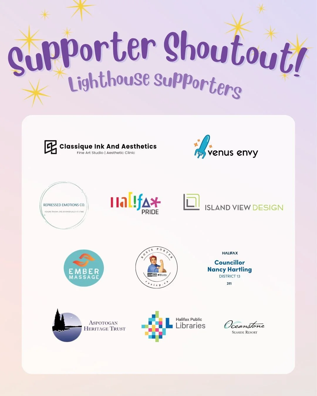 Today's shoutout goes to our Lighthouse supporters, whose financial and in-kind support have been invaluable to making Bay Pride 2026 happen! 

Thank you to:
Classique Ink &amp; Aesthetics
Venus Envy
Repressed Emotions Co.
Halifax Pride
Island View D