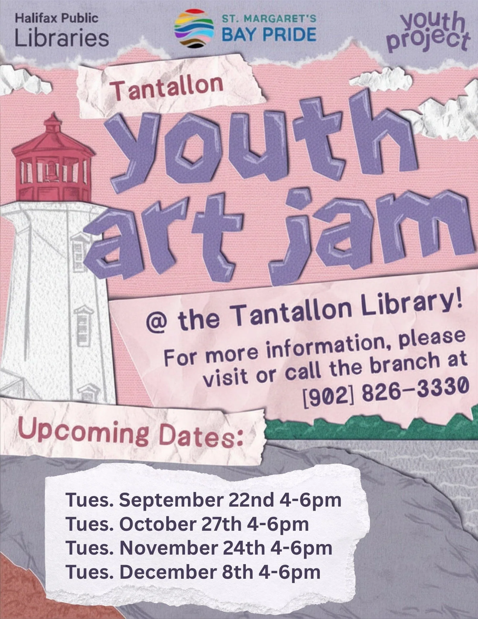 🎨 Youth Art Jams at the Tantallon Library with the Youth Project and SMB Pride are back! 

🍂 Fall dates (all Tuesdays from 4-6pm):
- Sept 22nd 
- Oct 27th
- Nov 24th
- Dec 8th 

✨Come get creative and crafty with paints, beads, colouring supplies a