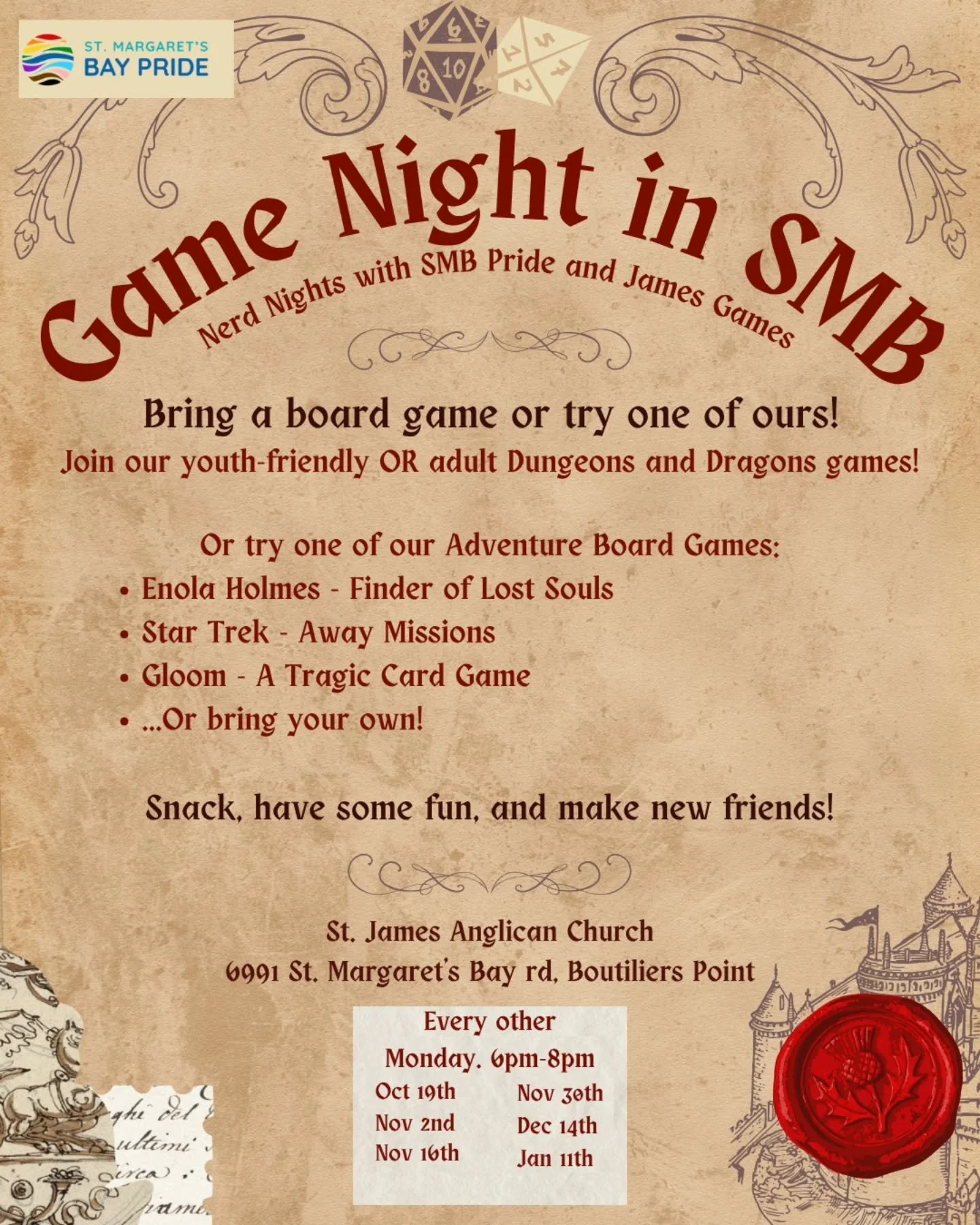 Nerdy Game Nights are still going strong! 🎲

Join us every other Monday at St. James, the yellow church, for snacks, board games, or even some D&amp;D if you're feeling adventurous!

All ages, experience levels, and identities are welcome to join on