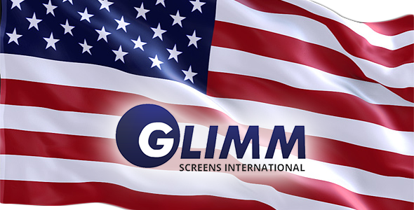 American flag waving with company logo 'GLIMM Screens International' in the foreground.