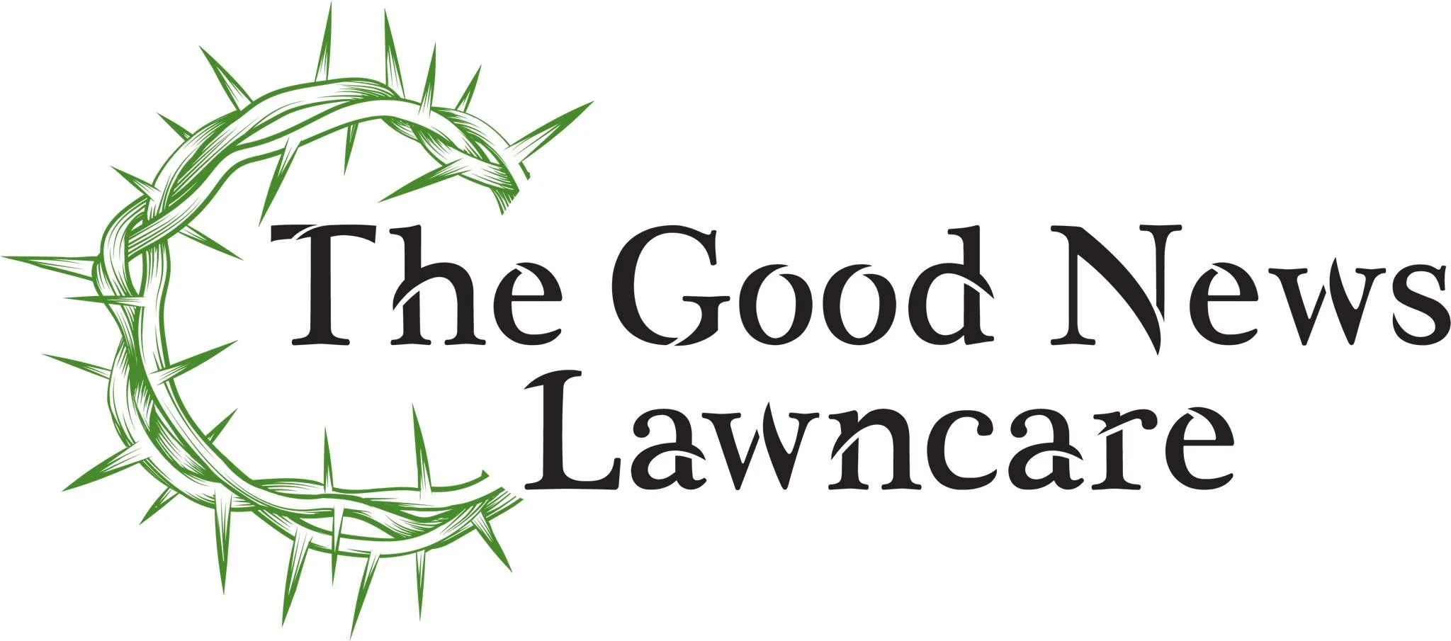 Logo for The Good News Lawncare featuring a green thorny border forming an incomplete 'C' shape and the business name in black letters.