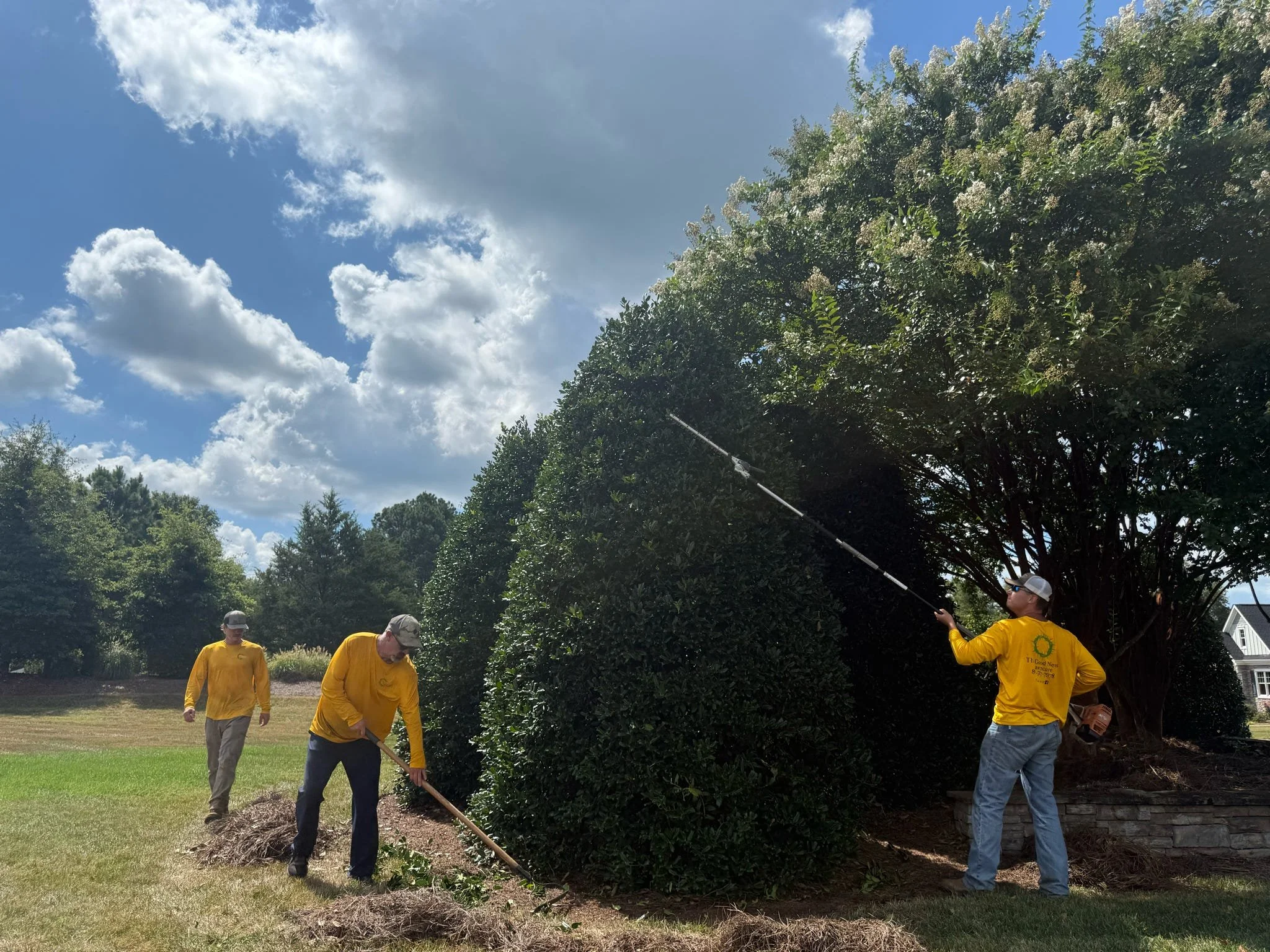 Three workers in yellow shirts and caps trimming bushes and weeds in a landscaped yard under a partly cloudy sky.