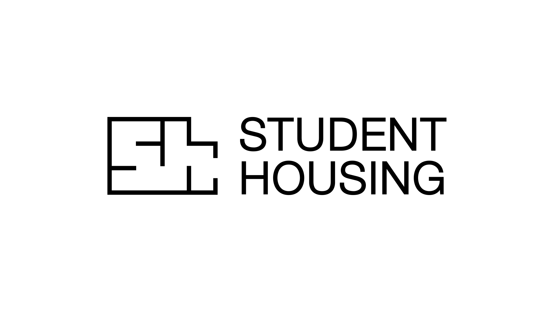 Logo for Student Housing featuring a black outline of a house grid and the words "STUDENT HOUSING" in bold black text.