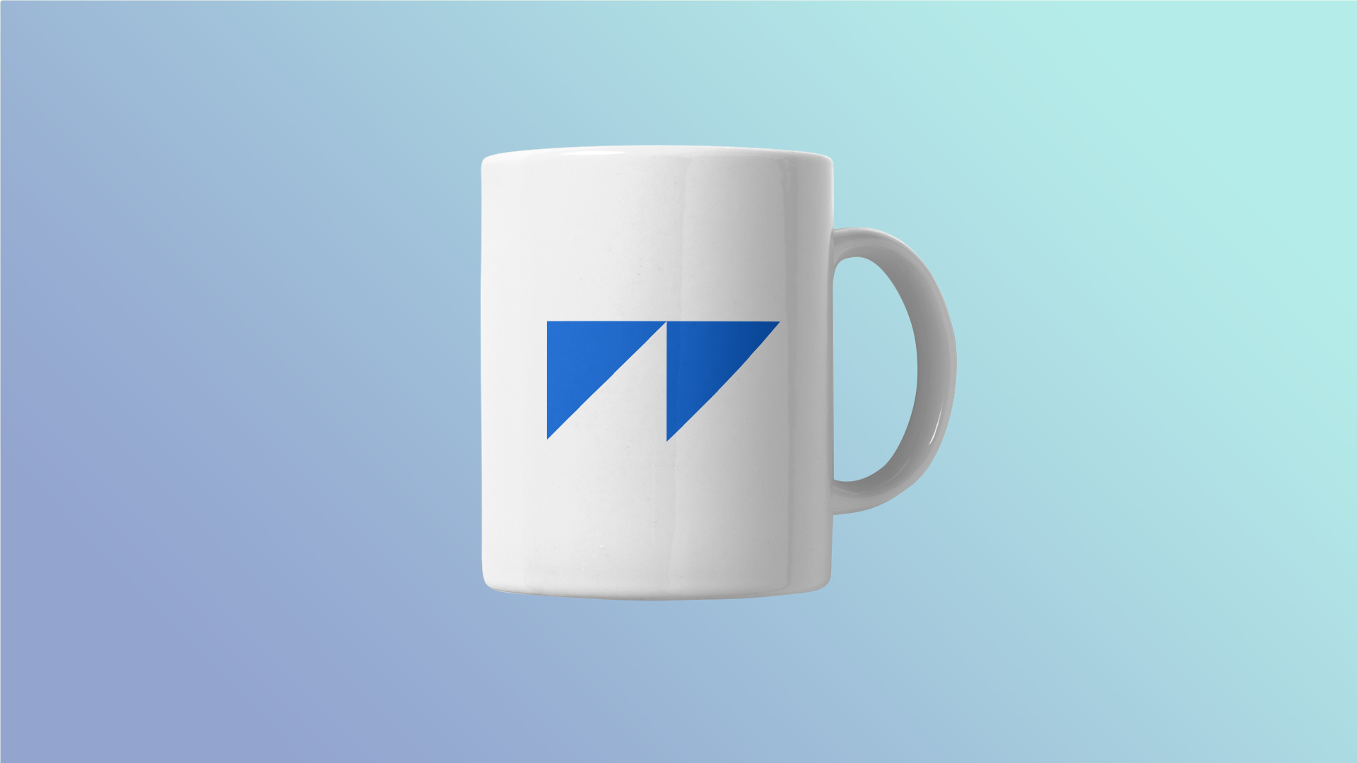 White mug with a blue geometric logo on a light blue gradient background.